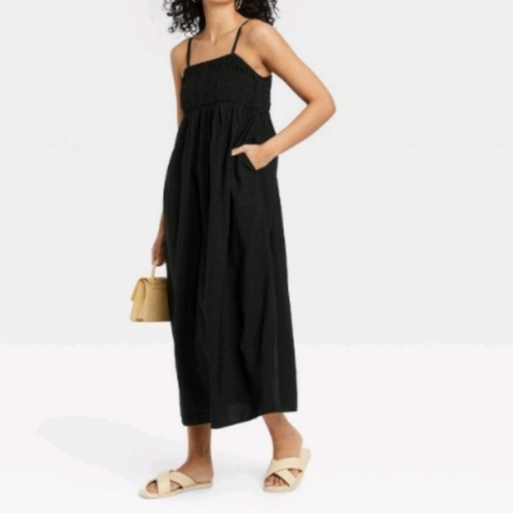 NWT Black Smocked Midi Slip Dress XS Spaghetti Strap -  A New Day